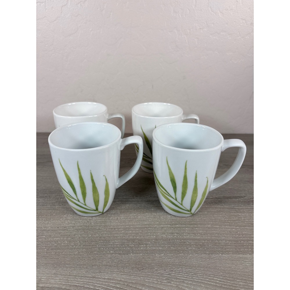 Corelle Coordinates Porcelain Coffee Mugs Set of 4 White Green Bamboo Leaf 12oz